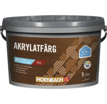 Hornbach akrylatfärg för utomhusbruk, glansgrad 40 halvblank, röd, 5 liter, räcker till cirka 65 kvadratmeter.