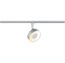 Silverfärgad LED-spotlight för skensystem, rund platt metalldesign.