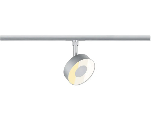 Silverfärgad LED-spotlight för skensystem, rund platt metalldesign.