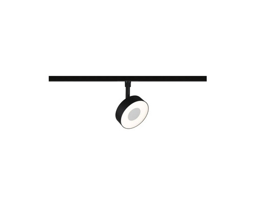 Svart rund LED-skenspotlight på en svart skena.