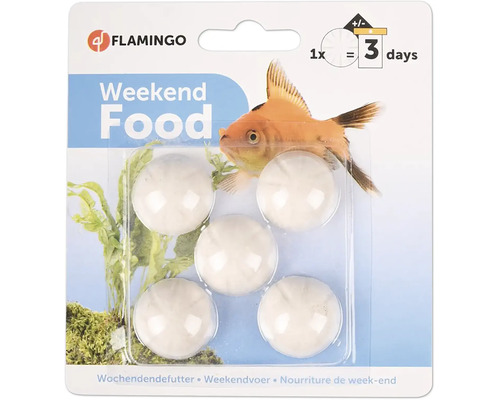 Flamingo Logo, Flamingo helgfoder för fiskar, 5 vita foderblock, ett block räcker i cirka tre dagar.