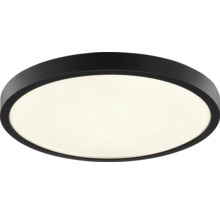 Rund LED-taklampa med svart ram och stjärneffekt på den vita skärmen.