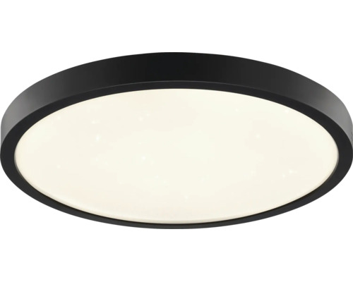 Rund LED-taklampa med svart ram och stjärneffekt på den vita skärmen.