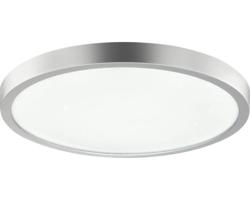 Platt rund LED-taklampa med silverfärgad ram.