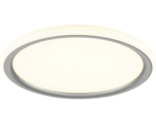 Rund LED-taklampa i platt design med grå ram och vit ljusyta.