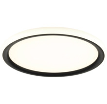 Rund LED-taklampa med svart ram och vit lysande yta.