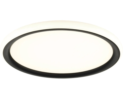 Rund LED-taklampa med svart ram och vit lysande yta.