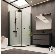 Modernt badrum med hörn-duschkabin, svart duschblandare, vägghängt tvättställ med underskåp och spegelbelysning i modern design. (Image AI modified or generated)