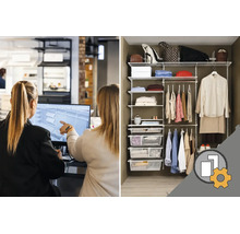 Planering av ett organiserat förvaringssystem med hyllor, klädstänger och trådkorgar för en walk-in-closet.
