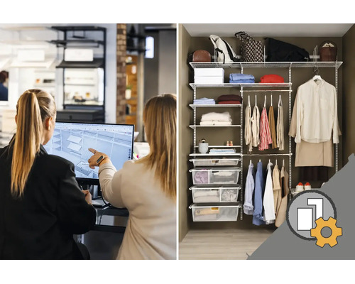 Planering av ett organiserat förvaringssystem med hyllor, klädstänger och trådkorgar för en walk-in-closet.
