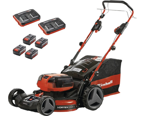 Einhell batteridriven gräsklippare med fyra batterier, två dubbelladdare och gräsuppsamlare för trädgårdsskötsel.