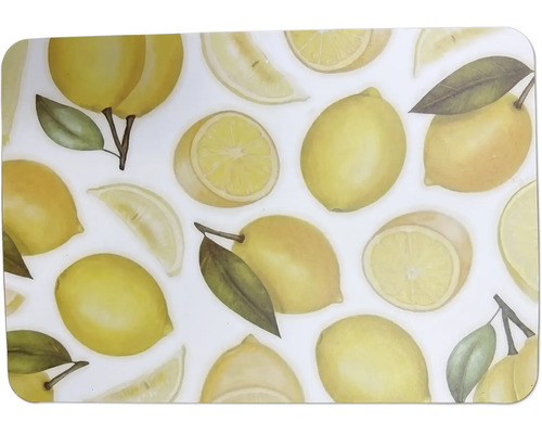 Stänkskydd för kök med citronmotiv, hela citroner, citronhalvor och citronskivor med blad.