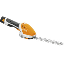 Orange-vit batteridriven busksax från Stihl med långt tandat metallblad och svart ergonomiskt handtag.