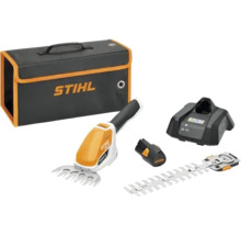 STIHL batteridriven busksax HSA 26 set med gräskniv, buskkniv, batteri, laddare och transportväska.