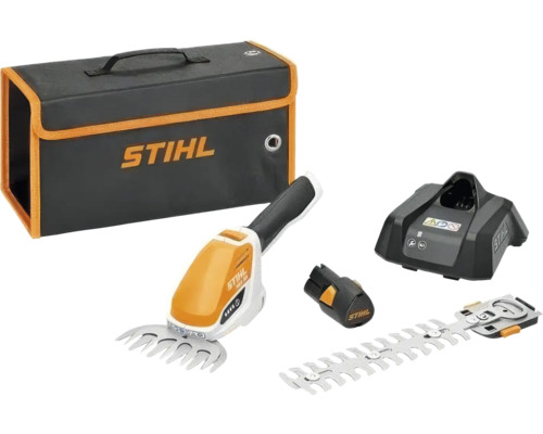 STIHL batteridriven busksax HSA 26 set med gräskniv, buskkniv, batteri, laddare och transportväska.