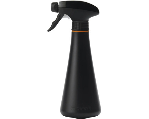 Fiskars handspruta i svart plast med konisk kropp och justerbart spraymunstycke.