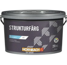 Strukturfärg i en 20 kilos hink som räcker till cirka 30 kvadratmeter, väderbeständig och finkornig, inklusive Hornbach logotyp.