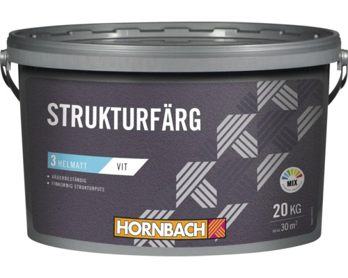 Strukturfärg i en 20 kilos hink som räcker till cirka 30 kvadratmeter, väderbeständig och finkornig, inklusive Hornbach logotyp.