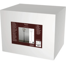 Förpackning för Konstsmide utomhuslampa Parma, en trearmad lyktstolpe med kapslingsklass IP43 för tre ljuskällor på maximalt 75 Watt vardera.