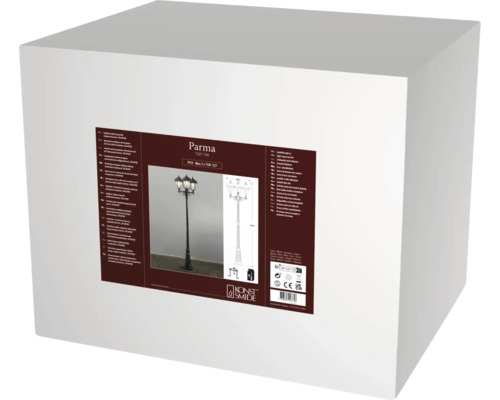 Förpackning för Konstsmide utomhuslampa Parma, en trearmad lyktstolpe med kapslingsklass IP43 för tre ljuskällor på maximalt 75 Watt vardera.