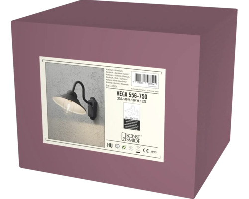 Förpackning för utomhusvägglampa Konstsmide Vega 556-750 i aluminium med E27-sockel.