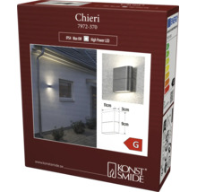 Förpackning för Konstsmide Chieri 7972-370 LED-vägglampa för utomhusbruk, IP54, 6 Watt, energiklass G, mått 11 gånger 9 gånger 3 centimeter.