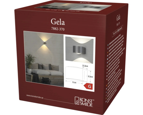 Gela LED-vägglampa från Konstsmide, mått 15,5 gånger 6,5 gånger 11 centimeter, med ljusstråle uppåt och nedåt.