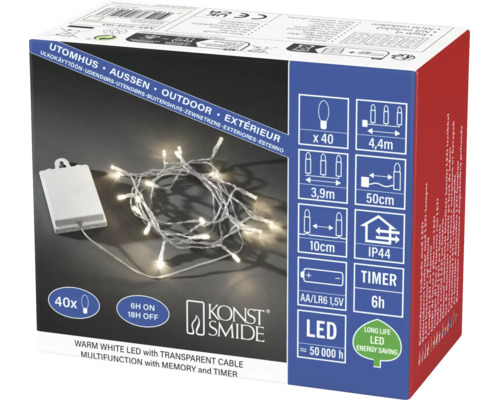 Konstsmide LED-ljusslinga för utomhusbruk, varmvit, 40 lampor, transparent kabel, batteridriven med timer.