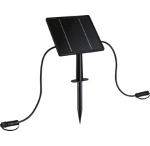 Svart solpanel med markspett och två anslutningskablar för trädgårdsbelysning.