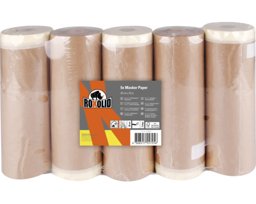 Roxolid maskeringspapper i 5-pack, skyddspapper med integrerad tejp, 30 centimeter gånger 25 meter per rulle.