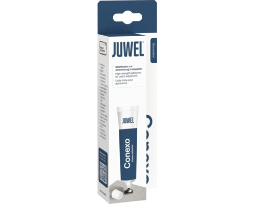 JUWEL Conexo kraftlim för användning i akvarier, förpackning och limtub.