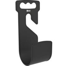 Svart for.q vägghållare i plast för trädgårdsslangar eller redskap med handtag, krok och for.q Logo.