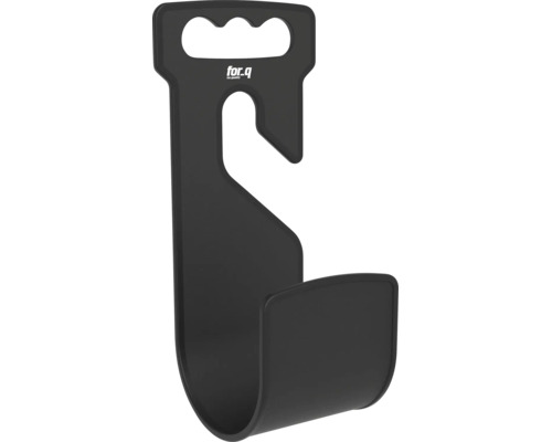 Svart for.q vägghållare i plast för trädgårdsslangar eller redskap med handtag, krok och for.q Logo.
