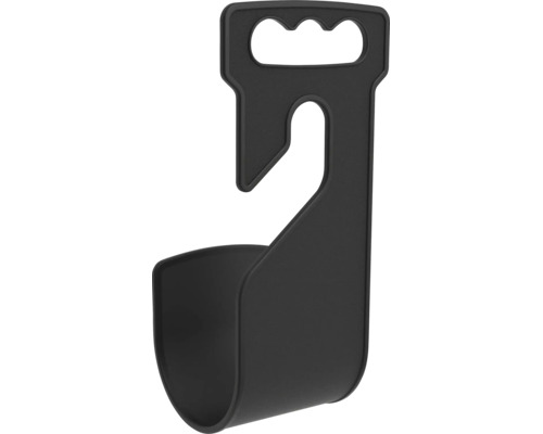 Svart trädgårdsslangshållare i plast med integrerat bärhandtag.