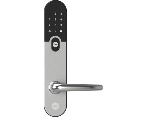 Yale smart dörrlås med sifferpanel och dörrhandtag.