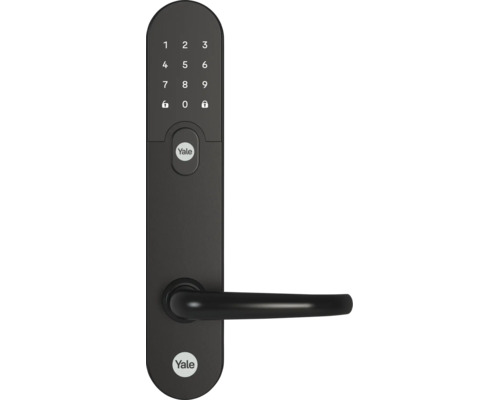 Yale smart dörrlås i svart med numeriskt tangentbord och handtag. Yale Logo.