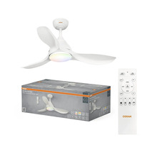Osram takfläkt Bise med tre blad, integrerad LED-belysning och fjärrkontroll, inklusive produktförpackning.