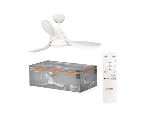 Osram takfläkt Bise med tre blad, integrerad LED-belysning och fjärrkontroll, inklusive produktförpackning.