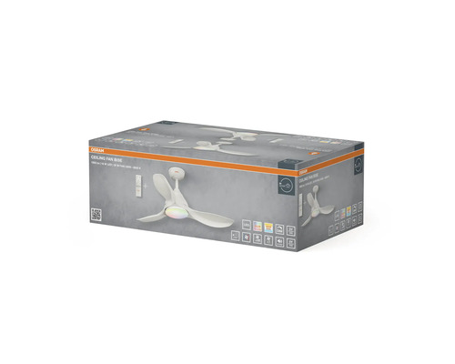 Produktförpackning för takfläkten Osram Bise med LED-belysning och fjärrkontroll.