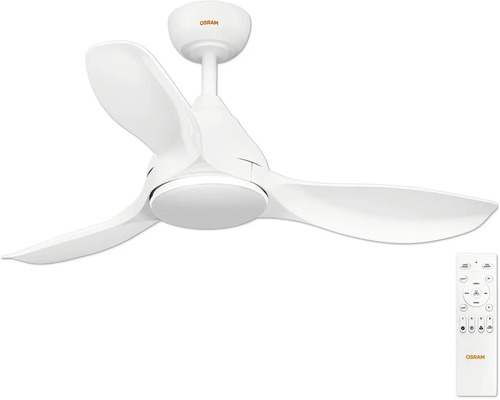 Vit OSRAM takfläkt med integrerad belysning och fjärrkontroll, tre aerodynamiska blad.