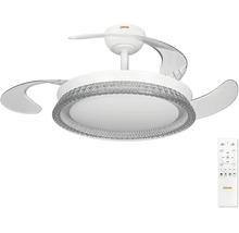 Takfläkt Osram med LED-belysning, strukturerad kant, tre genomskinliga blad och fjärrkontroll.