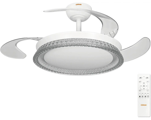 Takfläkt Osram med LED-belysning, strukturerad kant, tre genomskinliga blad och fjärrkontroll.
