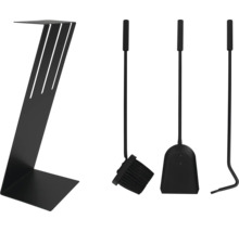 Modern svart eldstadsutrustning bestående av spade, borste, eldraka och ett Z-format metallställ.