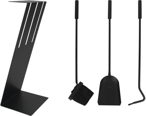 Modern svart eldstadsutrustning bestående av spade, borste, eldraka och ett Z-format metallställ.