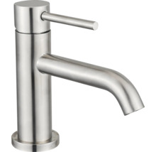 Ettgrepps tvättställsblandare i rostfritt stål med svängd pip och cylindrisk design.