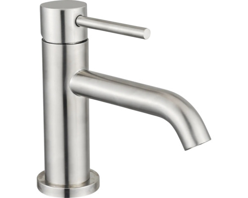 Ettgrepps tvättställsblandare i rostfritt stål med svängd pip och cylindrisk design.
