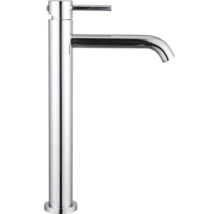 Hög tvättställsblandare med ettgreppsreglage och cylindrisk design.