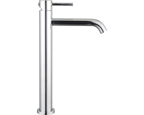 Hög tvättställsblandare med ettgreppsreglage och cylindrisk design.