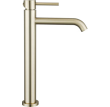 Ettgrepps tvättställsblandare med hög pip i borstad metallfinish.
