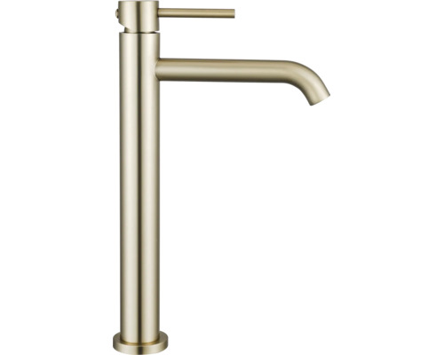 Ettgrepps tvättställsblandare med hög pip i borstad metallfinish.
